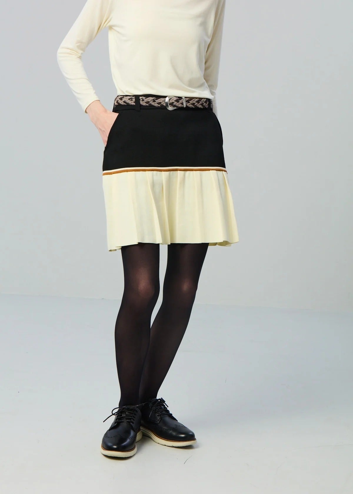 HERG1 WOMENS High gauge bi-color knit pleated skirt
